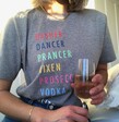 Model with wine glass wearing Tipsy Reindeer T-Shirt in Grey