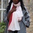 Model Wearing Pink and Burgundy Colour Block Recycled Scarf from Lisa Angel
