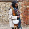 Model Wears Lisa Angel Vegan Leather Half Moon Crossbody Bag in Light Grey