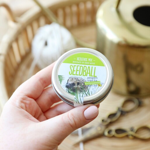 Close Up of Tin of Hedgehog Mix Seed Balls
