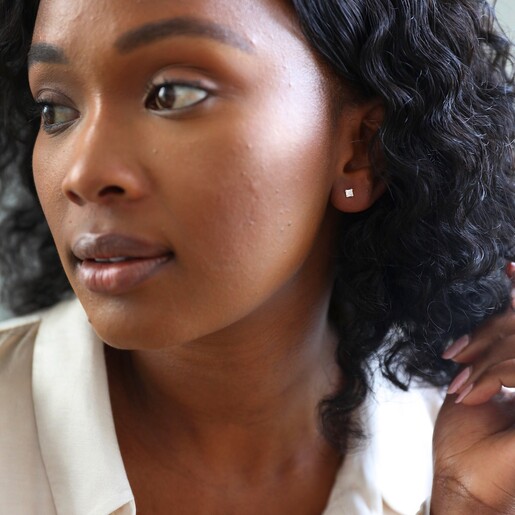 Tiny Sterling Silver Square Crystal Stud Earrings on Model