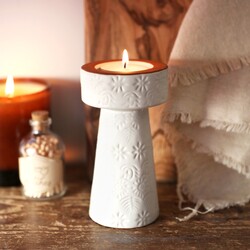 Stamped White and Terracotta Candlestick Holder