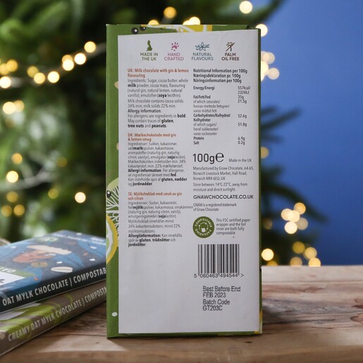 Back of Gnaw Gin and Tonic Milk Chocolate Bar