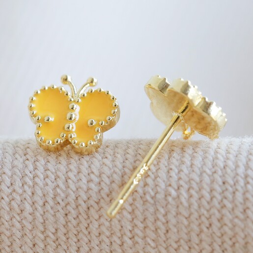 Tiny Enamel Butterfly Stud Earrings in Gold
