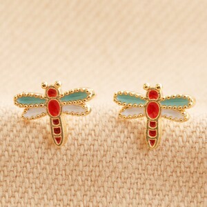 Enamel Dragonfly Stud Earrings in Gold