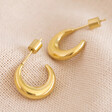 Gold Stainless Steel Moon Hoop Earrings Laying Angled on Cloth