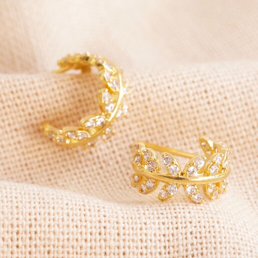 Lisa Angel Ladies' Delicate Mini Crystal Fern Hoop Earrings in Gold