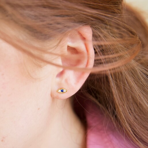 Model Wearing Lisa Angel Crystal Eye Stud Earrings in Gold