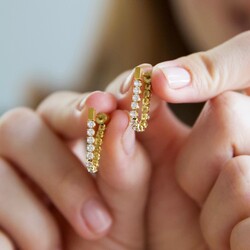 Gold Stainless Steel Stud and Crystal Chain Earrings