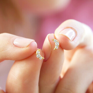 Tiny Crystal Moon Stud Earrings in Gold