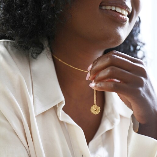 Gold Stainless Steel Zodiac Pendant Necklace on Model