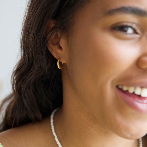 Model Wearing Lisa Angel Delicate Gold Stainless Steel Moon Hoop Earrings