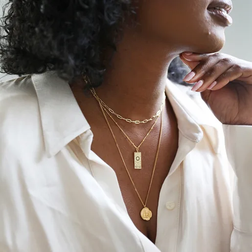Gold Stainless Steel Zodiac Pendant Necklace on Model