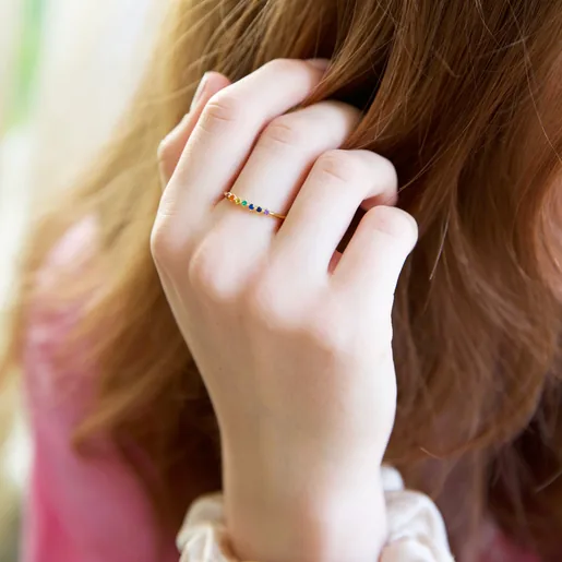 Model Wearing Gold Sterling Silver Rainbow Crystal Band Ring on Hand
