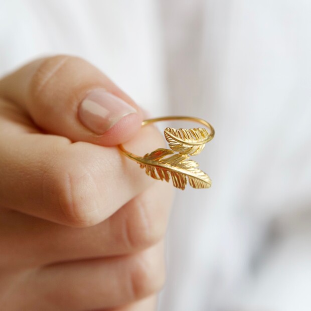 Gold Double Feather Ring, Jewellery