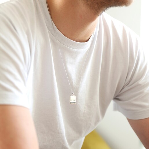 Model Wearing Lisa Angel Men's Personalised Enamel Stripe Pendant Necklace