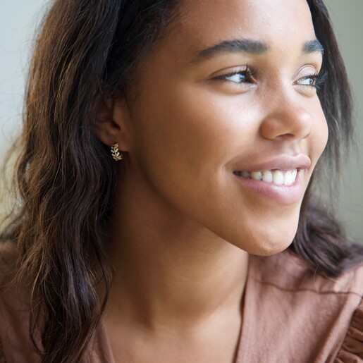 Model Wearing Lisa Angel Ladies' Sparkling Mini Crystal Fern Hoop Earrings in Gold