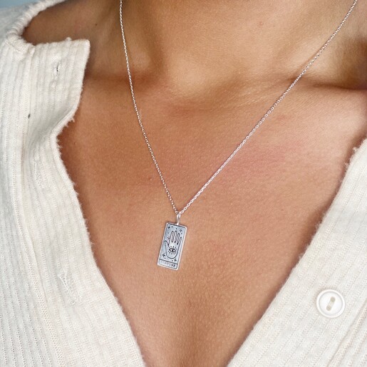 On Model Silver 'Fortune' Tarot Card Pendant Necklace on Model