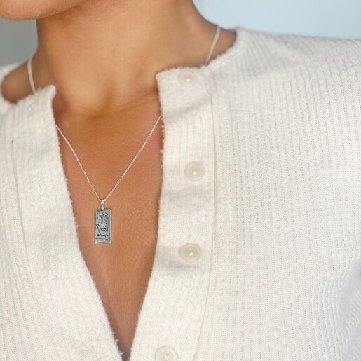 Model Wearing Necklace Silver 'Fortune' Tarot Card Necklace on Model
