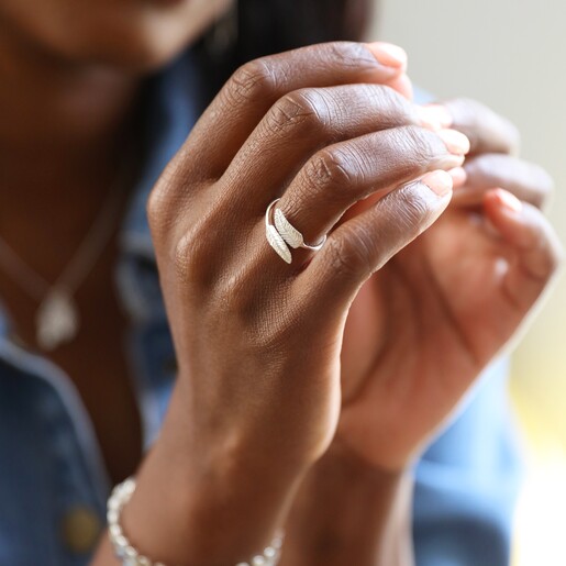 Sterling Silver Double Feather Ring on Model