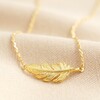 Close Up of Gold Feather Necklace on Beige Fabric