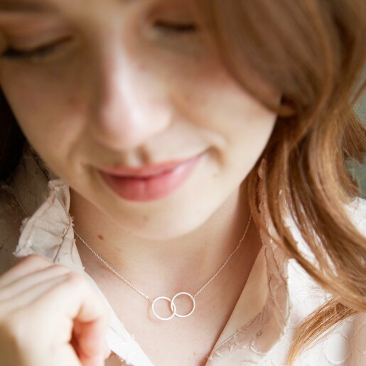 Ladies' Brushed Interlocking Hoop Necklace in Silver From Lisa Angel on Model