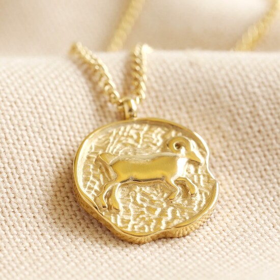 Gold Stainless Steel Aries Zodiac Pendant Necklace