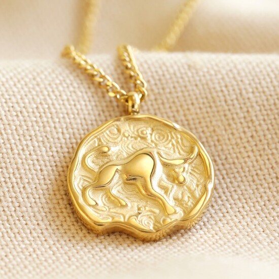 Gold Stainless Steel Taurus Zodiac Pendant Necklace