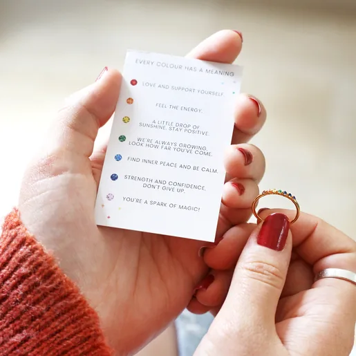 Gold Sterling Silver Rainbow Crystal Band Ring With Meaningful Card