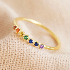 Gold Sterling Silver Rainbow Crystal Band Ring - S/M