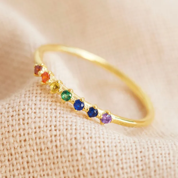 Gold Sterling Silver Rainbow Crystal Band Ring Ladies' Delicate Gold Sterling Silver Rainbow Crystal Band Ring