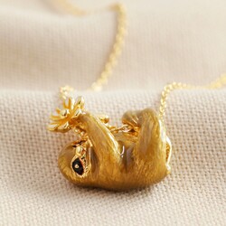 Enamel Sloth and Flower Pendant Necklace