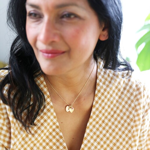 Model Wearing Gold Personalised 40th Birthday Double Heart and Birthstone Necklace