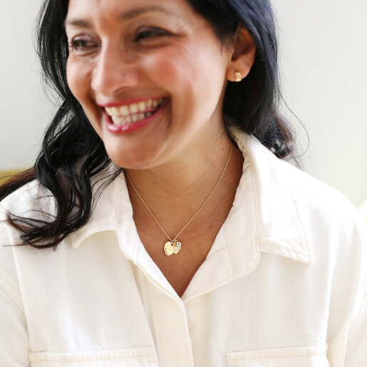 Model Wearing Personalised 50th Birthday Double Heart and Birthstone Necklace