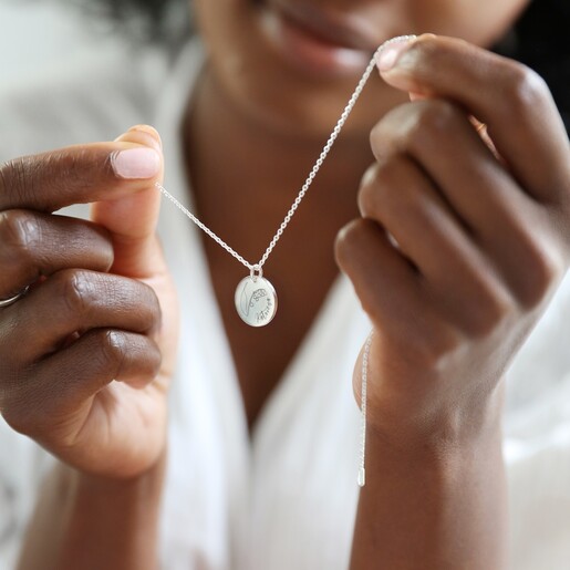 Personalised Sterling Silver Birth Flower Disc Necklace on Model
