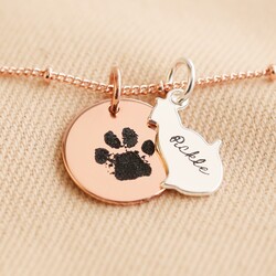 Personalised Paw Print and Cat Charm Necklace