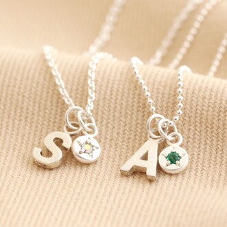 Personalised Sterling Silver Initial and Birthstone Charm Necklace