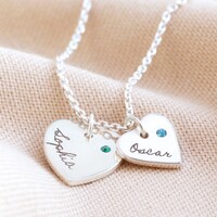 Personalised Sterling Silver Double Heart Charm Necklace with Swarovski Crystal