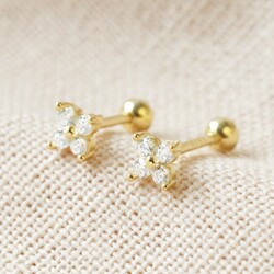 Gold Sterling Silver Crystal Flower Barbell Earrings