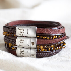 Men's Personalised Leather and Tiger Eye Bead Bracelet