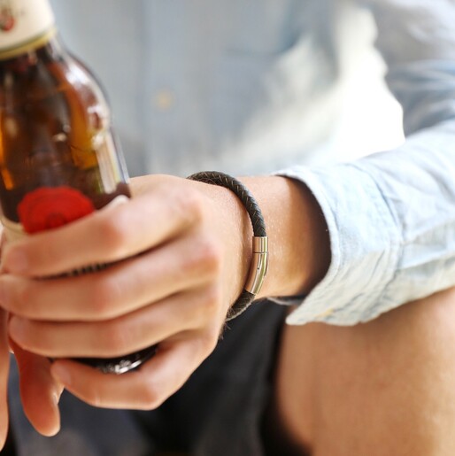 Model Wearing Lisa Angel Engraved Men's 'Trigger Happy' Leather Bracelet