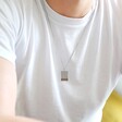 Model Wearing Lisa Angel Men's Engraved Personalised Bar Brushed Stainless Steel Tag Necklace