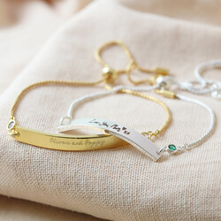 Personalised 'Handwriting' Curved Bar Bracelet with Birthstone