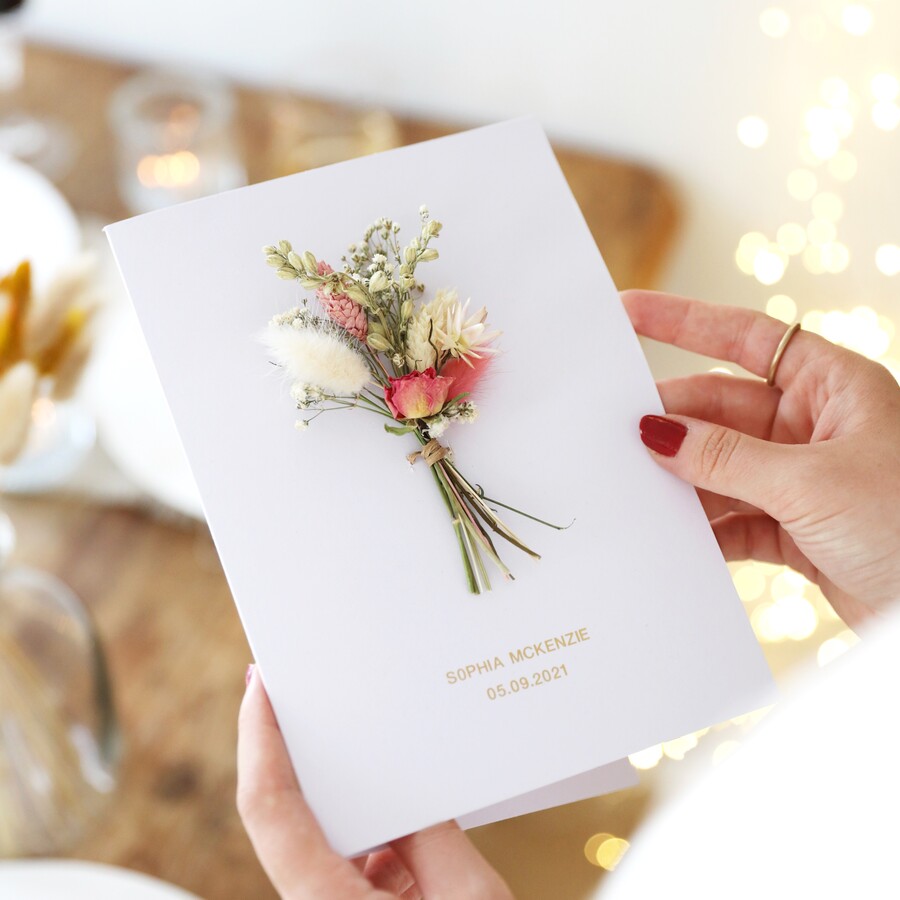 Model holding Personalised Foil Dried Flower Greetings Card