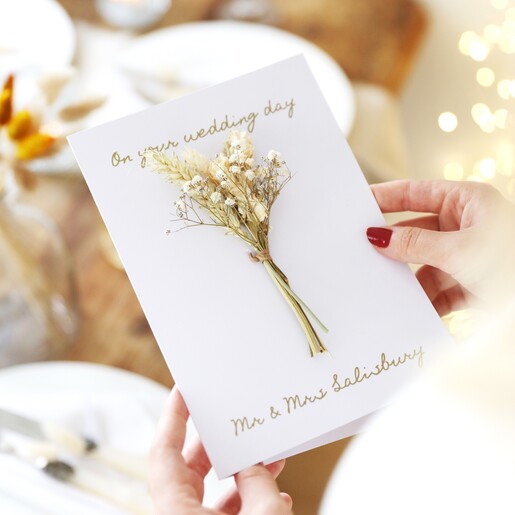 Personalised Vinyl Dried Flower Wedding Card in Natural
