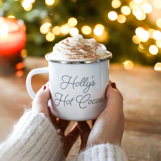 Hands Holding the Personalised White Enamel Mug