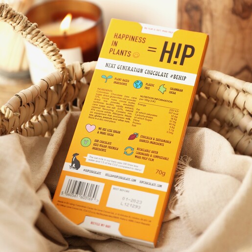 Back of HiP Chocolate: Salted Caramel Oat Milk Chocolate Bar