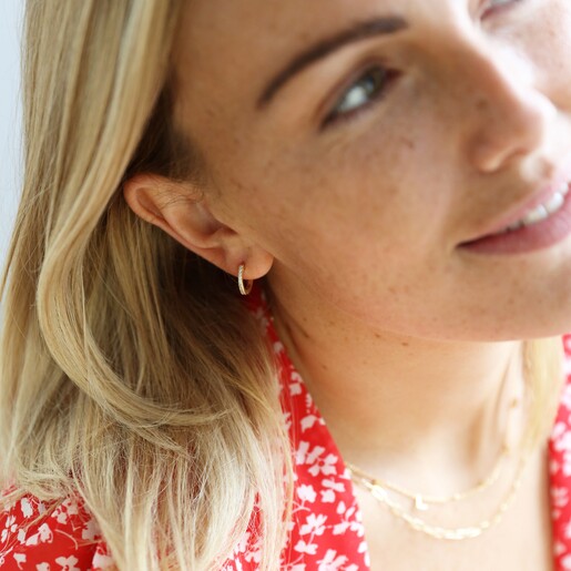 Lisa Angel Gold Sterling Silver Crystal Bar Huggie Hoop Earrings On Model