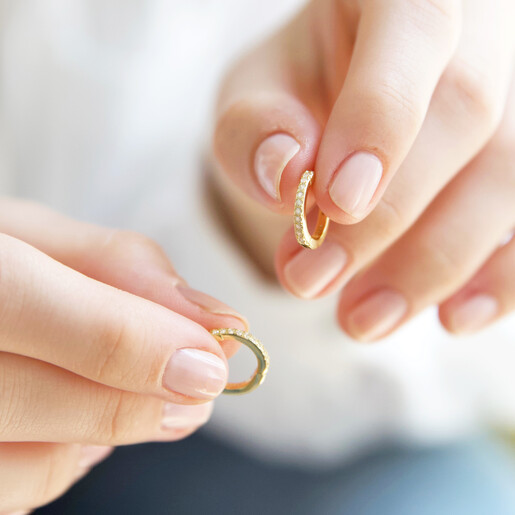 Gold Sterling Silver Crystal Bar Huggie Hoop Earrings with Model