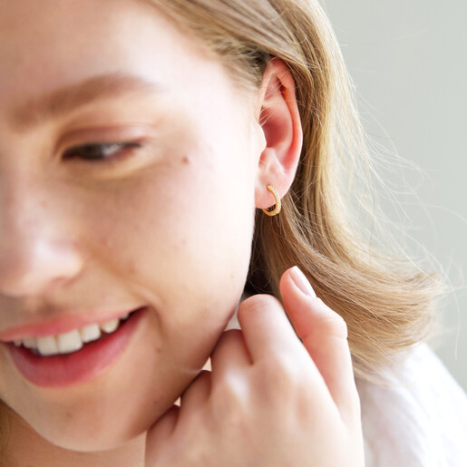 Ladies' Gold Sterling Silver Crystal Bar Huggie Hoop Earrings on Model